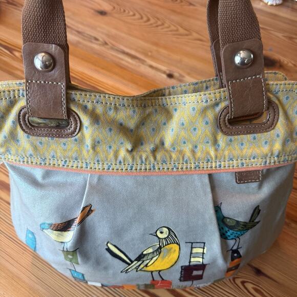 FOSSIL Key-Per Tote Gray Coated Canvas Shoulder Bag Purse City Birds GUC - Picture 10 of 16